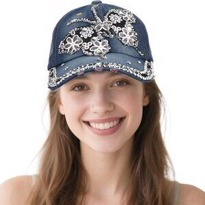 Bling Bejeweled Baseball Cap Distressed Denim and Diamonds Hat Studded Y2K